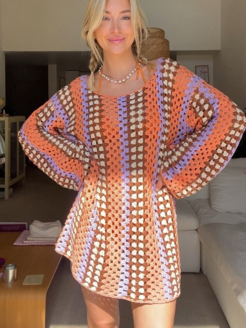 VRG GRL Myra Crochet Mini Dress - Apricot - Size Medium